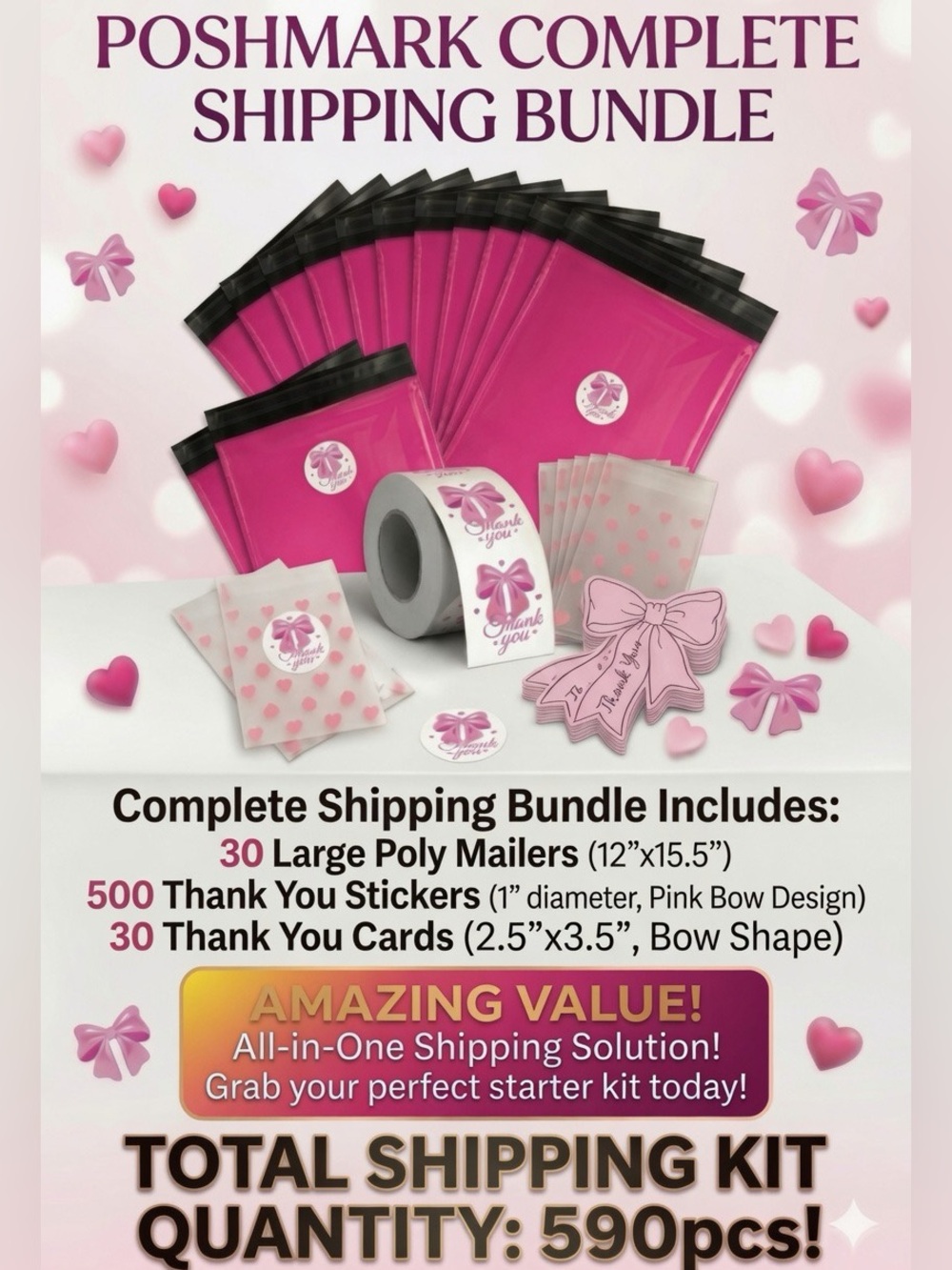 590pcs Shipping Bundle: 30 L Poly Mailers, 30 Gift Bags, 30 Cards & 500 Stickers